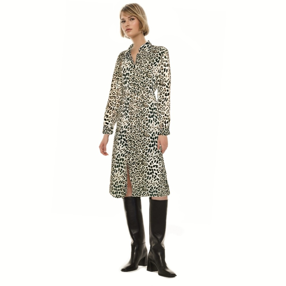 Towowge Brown/Cream Midi Tiered V-Neck Leopard Print Shirt Dress Women's Sz L